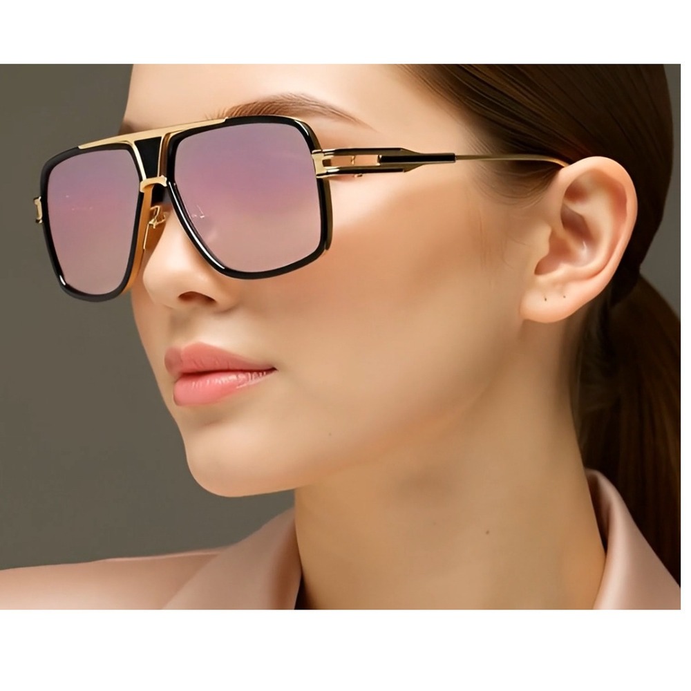 Designer Sunglasses Gold Black Frame Pink Mirror Lens Retro Square Trendy Shades
